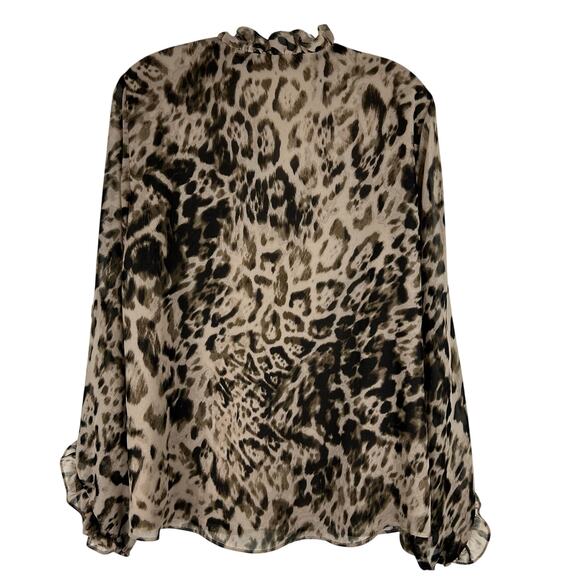 Calvin Klein Animal Print Chiffon Long Sleeve Shirt Size Large Ruffle Tie Neck - Picture 2 of 9
